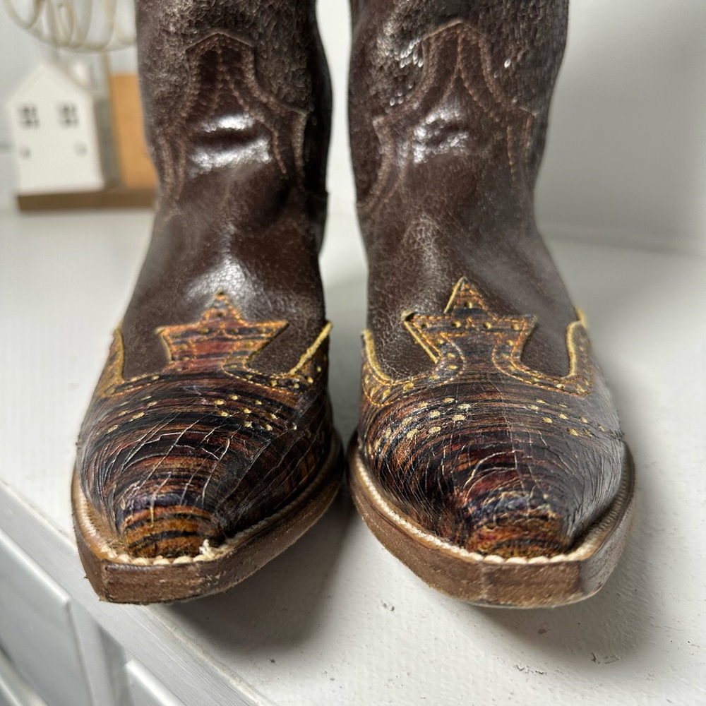 Justin Women’s 8.5B Exotic Print Cowboy Boots Brown Leather Western Cowgirl - Picture 4 of 9